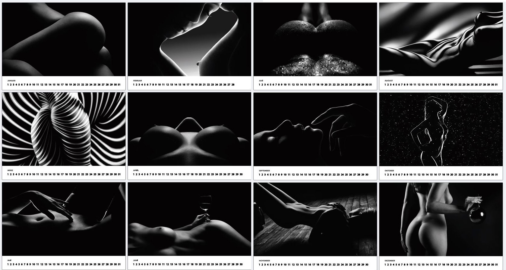 Calendario de arte fotográfico Acto y Boudoir - blanco y negro Calendario Endless con fotografías de actos