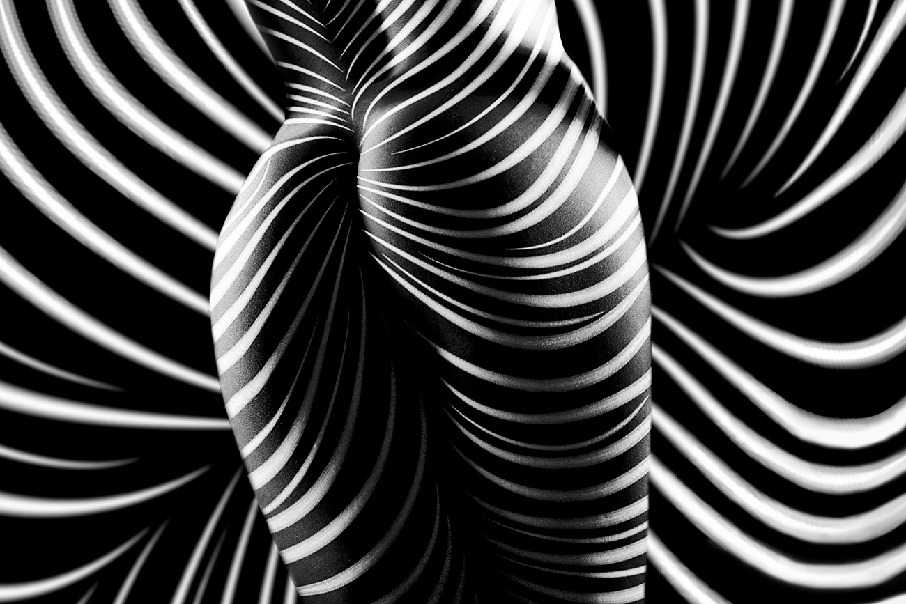Aktfoto mit Zebra-Effekt durch schwarzweiß Bodypainting